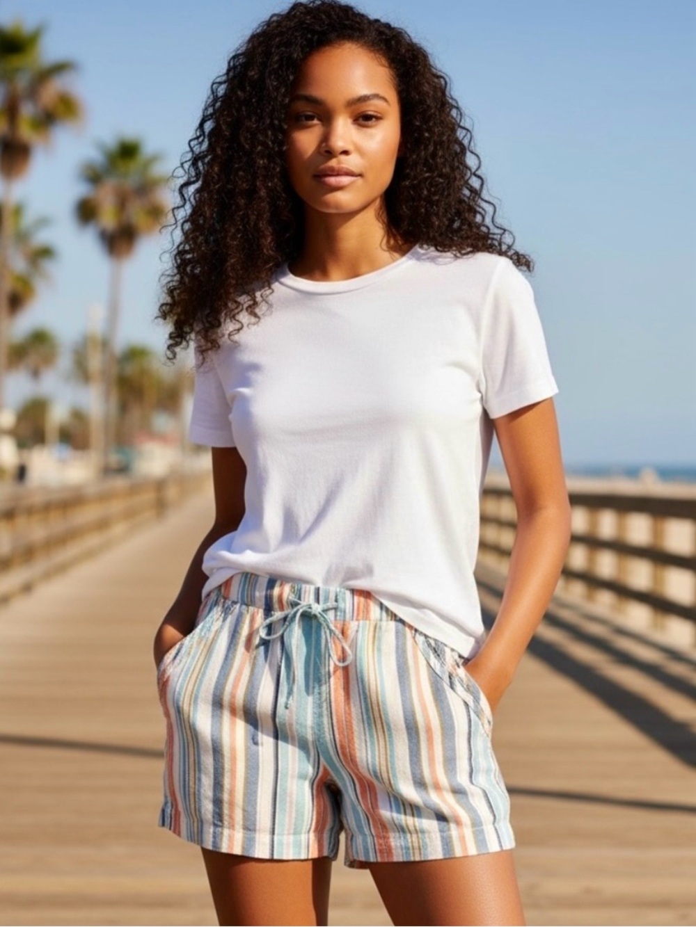 Briggs New York Linen Blend Pull-On Striped Shorts Coastal Sz S